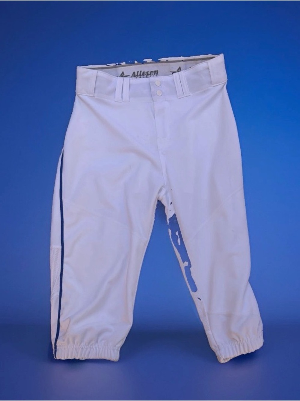White Men’s Athletic Baseball Pants with Navy Side Stripe